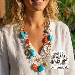 Double Strand Statement Necklace Coral Blue Gold Tone Charming Charlie EUC